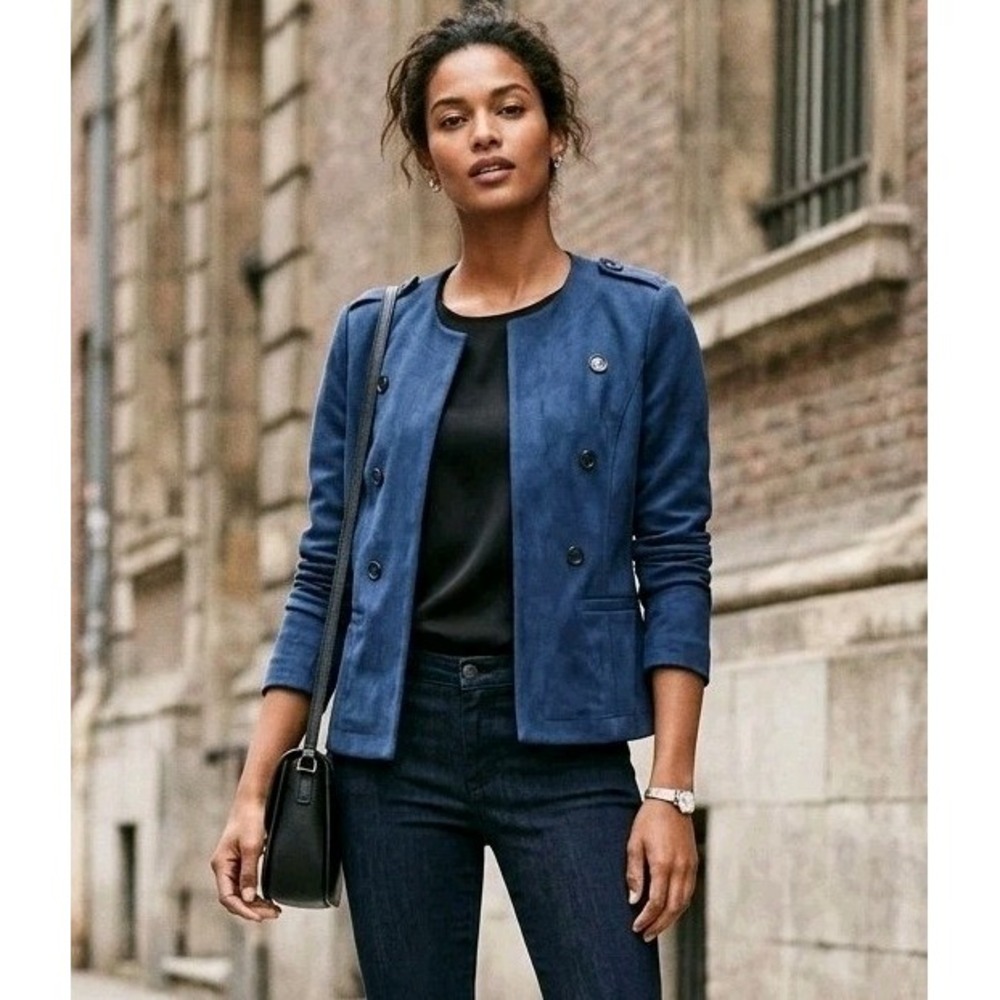 Tommy Hilfiger Faux Suede Jacket Women's Small Blue Military Open Front